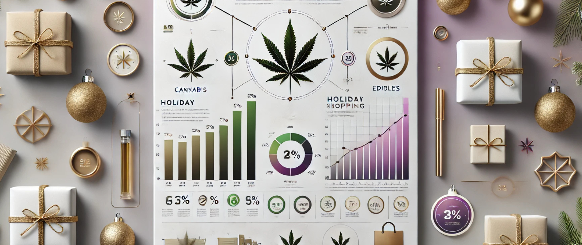 A festive holiday-themed infographic about cannabis trends and inventory management, featuring charts, graphs, and a large cannabis leaf in the center, surrounded by wrapped gifts, ornaments, and gold holiday decorations.